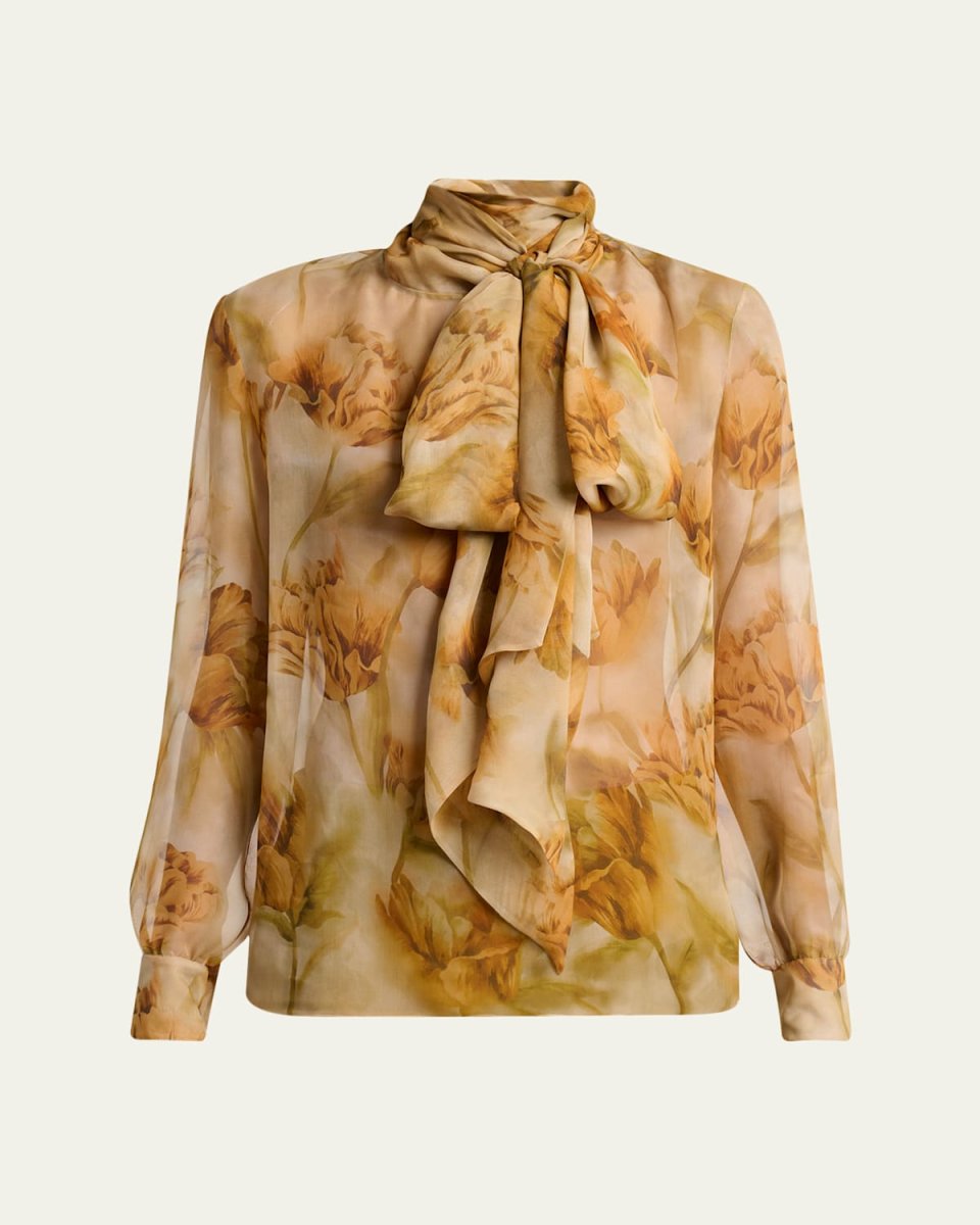 Tie-Neck Floral-Print Silk Chiffon Blouse